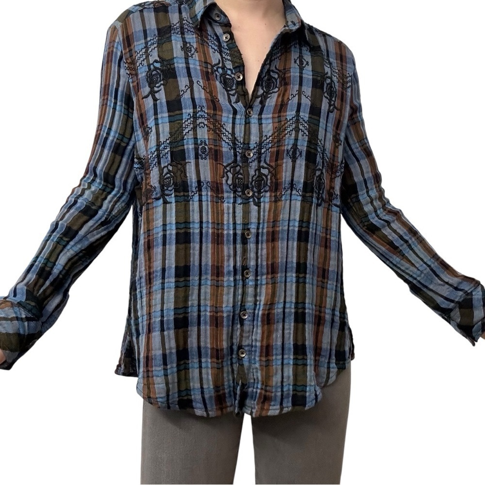 Free People Button Down Shirt Plaid Flannel Embroidered Boho Western Size Small